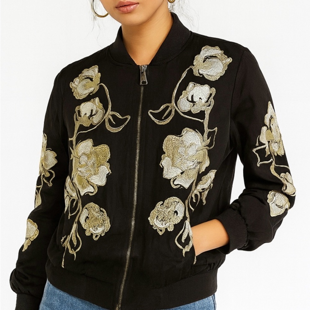 Kimchi Black Gold Floral Bomber Jacket Embroidered Boho Indie Asian Medium -Read